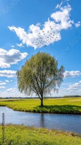 A tranquil lake reflects the vibrant green landscape and blue sky, with birds soaring above, creating a peaceful morning atmosphere in nature