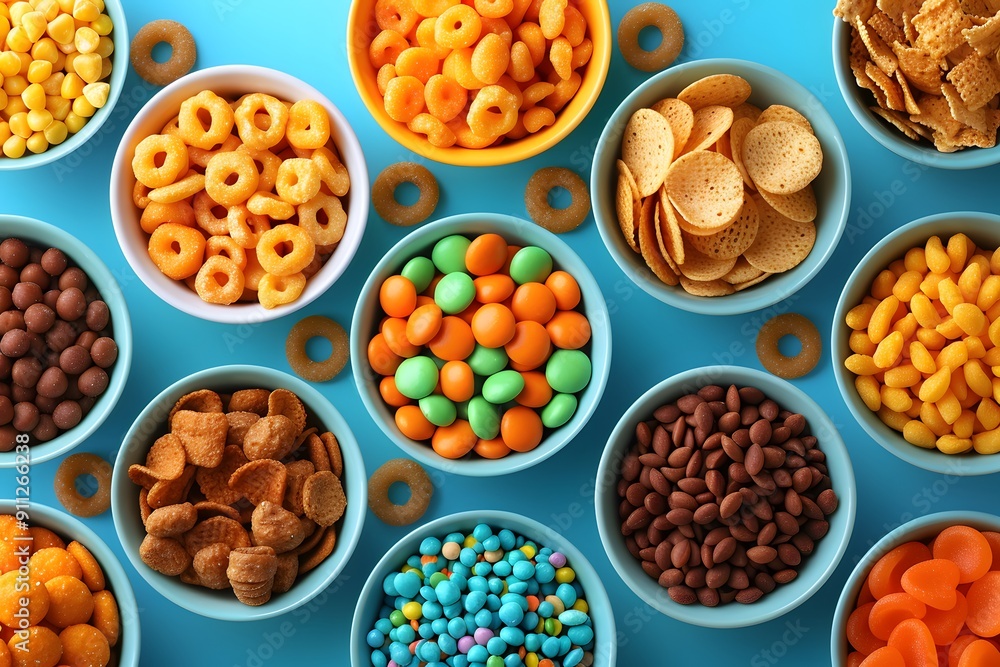 Colorful snacks and cereals in vibrant bowls Colorful snacks and cereals in vibrant bowls