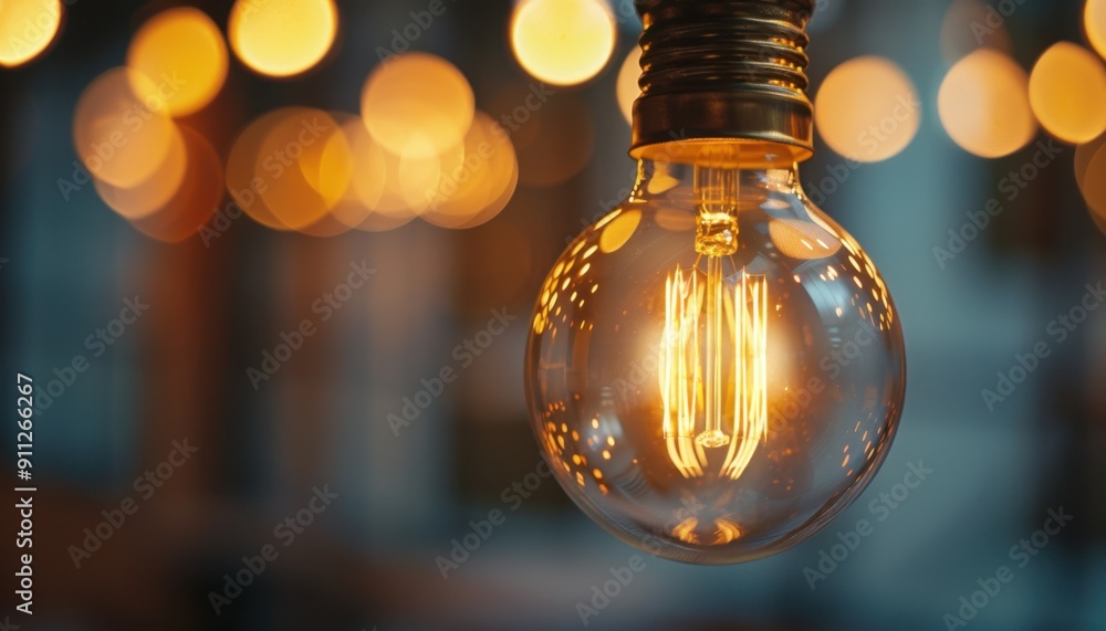 Warm Light Bulb Hanging Amidst Soft Glowing Lights in Urban Evening Setting Warm Light Bulb Hanging Amidst Soft Glowing Lights in Urban Evening Setting