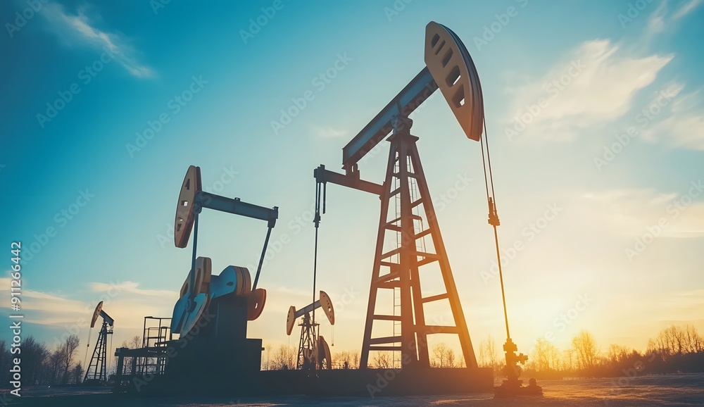Oil pumpjacks against the sky. soft light, Oil and gas industry concept. High quality. Oil pumpjacks against the sky. soft light, Oil and gas industry concept. High quality.