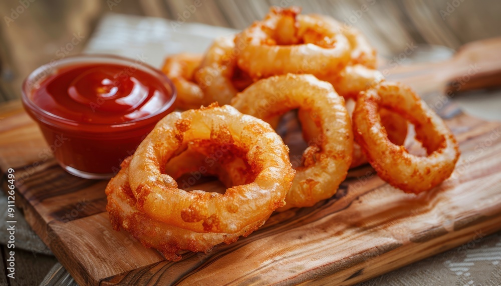 Crispy Onion Rings Served With Tangy Dip on a Rustic Wooden Platter Crispy Onion Rings Served With Tangy Dip on a Rustic Wooden Platter