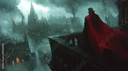 A vampire with a flowing cape, standing on a balcony overlooking a dark, gothic cityscape.