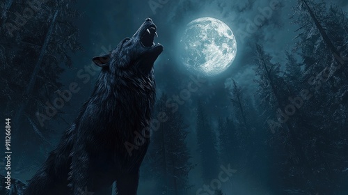 A werewolf howling at the full moon, with a dark, eerie forest in the background.