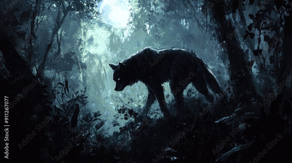 A werewolf stalking through the shadows of a dense forest, with the moonlight casting eerie shadows. A werewolf stalking through the shadows of a dense forest, with the moonlight casting eerie shadows.