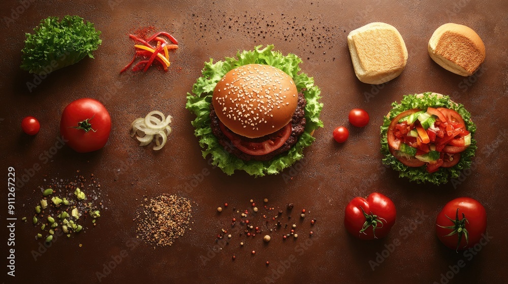 All elements of a hamburger, from buns to toppings, separated and laid out on a textured background. All elements of a hamburger, from buns to toppings, separated and laid out on a textured background.