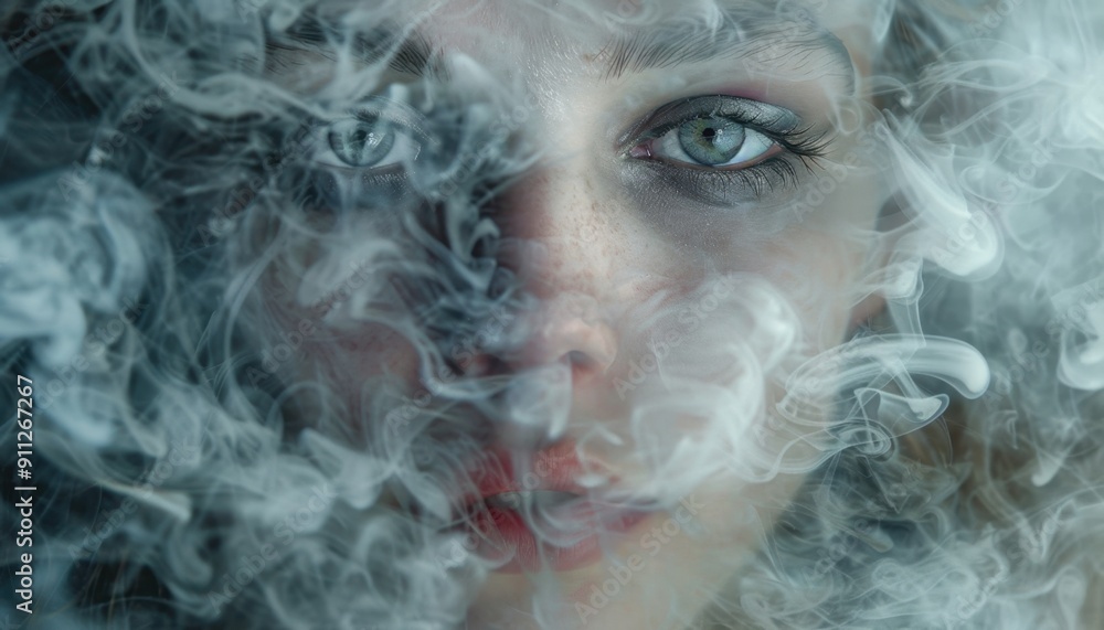 Enigmatic Portrait of a Woman Surrounded by Ethereal Smoke at Twilight Enigmatic Portrait of a Woman Surrounded by Ethereal Smoke at Twilight