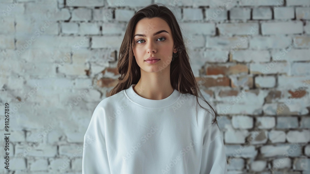 a beautiful woman in a white sweatshirt on a grey brick wall background a beautiful woman in a white sweatshirt on a grey brick wall background