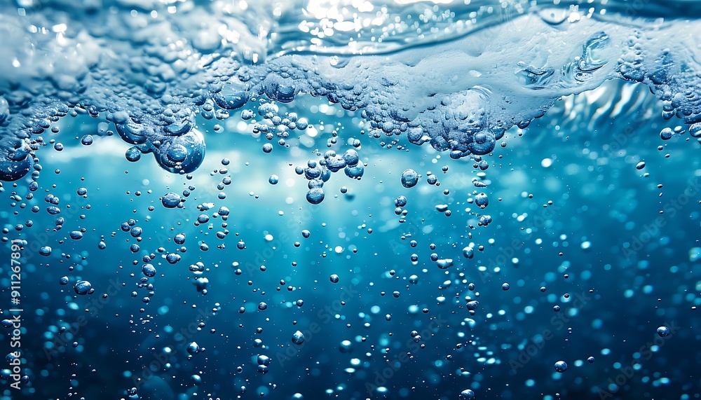 Water bubbles rising in blue liquid. Water bubbles rising in blue liquid.