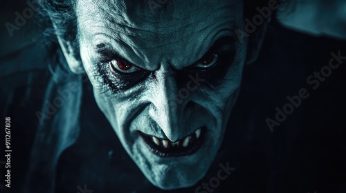 Close-up of a vampire's face, showing its fangs and intense gaze, set against a dark backdrop.