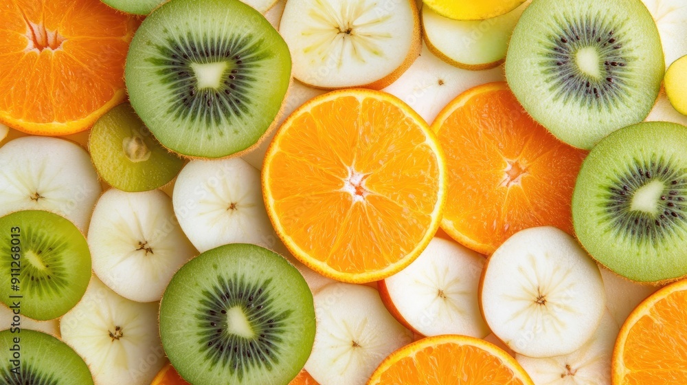 Fresh slices of fruits, including apples, oranges, and kiwis, arranged in a colorful pattern.