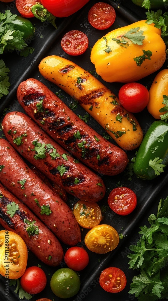 Grilled Sausages with Colorful Vegetables on Platter Grilled Sausages with Colorful Vegetables on Platter
