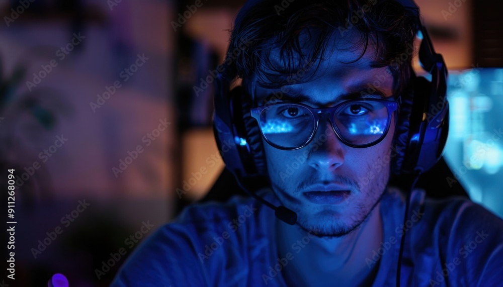 Young Gamer Engrossed in Competitive Gaming Session During Late Night Hours Young Gamer Engrossed in Competitive Gaming Session During Late Night Hours