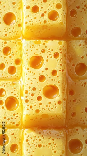 Close-up of Yellow Cheese Blocks with Air Holes photo