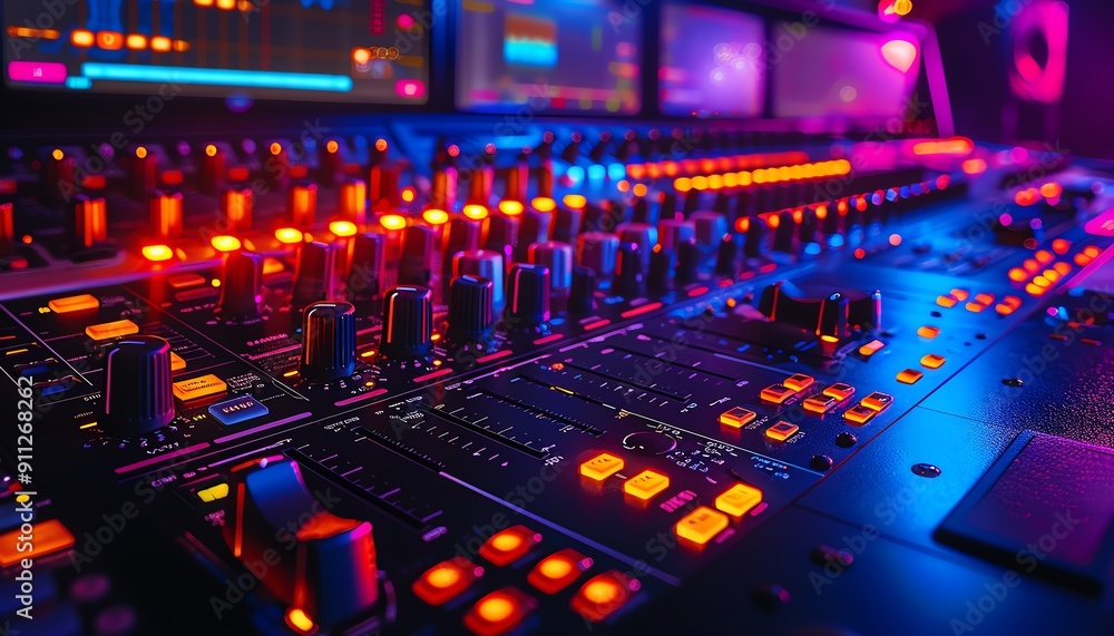 Audio engineer finetuning sound levels on an advanced digital mixer, photorealistic detail, vibrant and crisp visuals, 8K resolution Audio engineer finetuning sound levels on an advanced digital mixer, photorealistic detail, vibrant and crisp visuals, 8K resolution