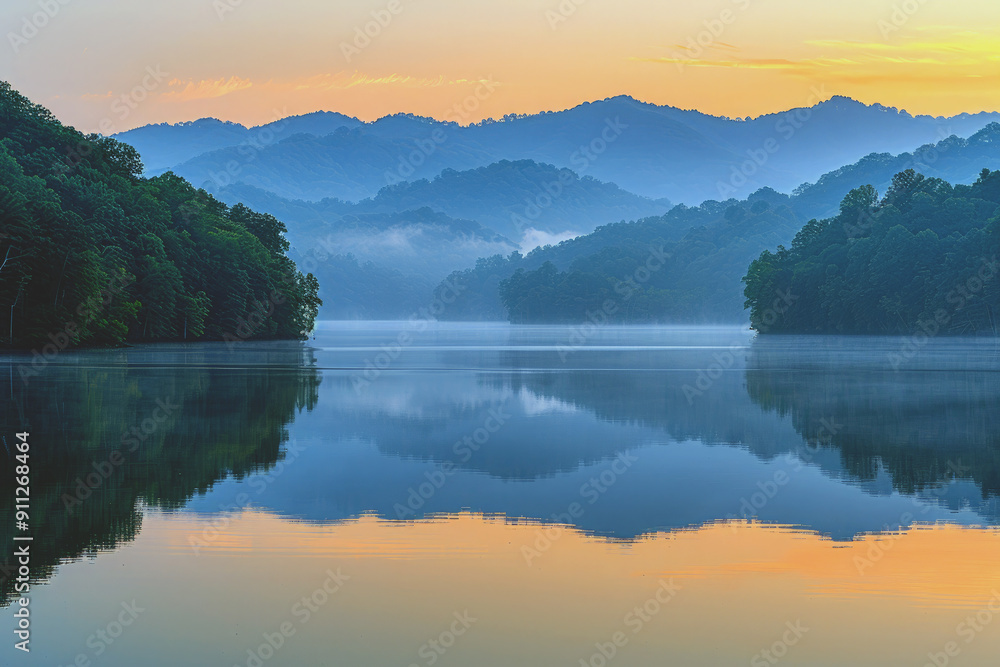 Fototapeta premium The tranquil lake reflects the green mountains.