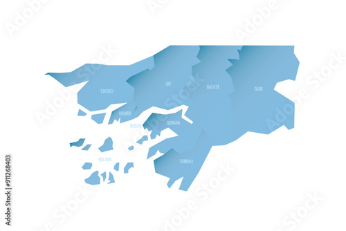 Guinea-Bissau political map of administrative divisions - regions and autonomous sector of Bissau. Shaded vector map with 3D-like blue gradient and name labels