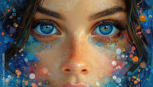 A close-up digital portrait of a woman's eyes with a vibrant colorful background.