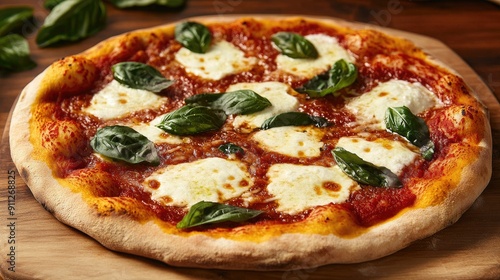 A classic Margherita pizza, with fresh basil and melted mozzarella, on a wooden surface.