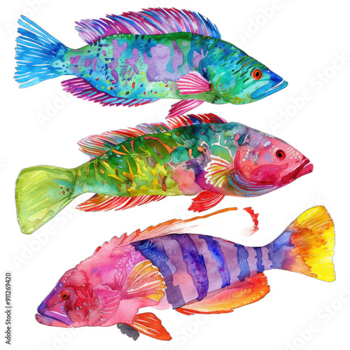 Velvet Wrasse three fish   White Background Free PNG Photo photo