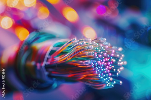 Close-up of illuminated optical fiber cables with colorful bokeh lights in the background. Concepts of high-speed internet connectivity, modern technology, and data transmission. photo