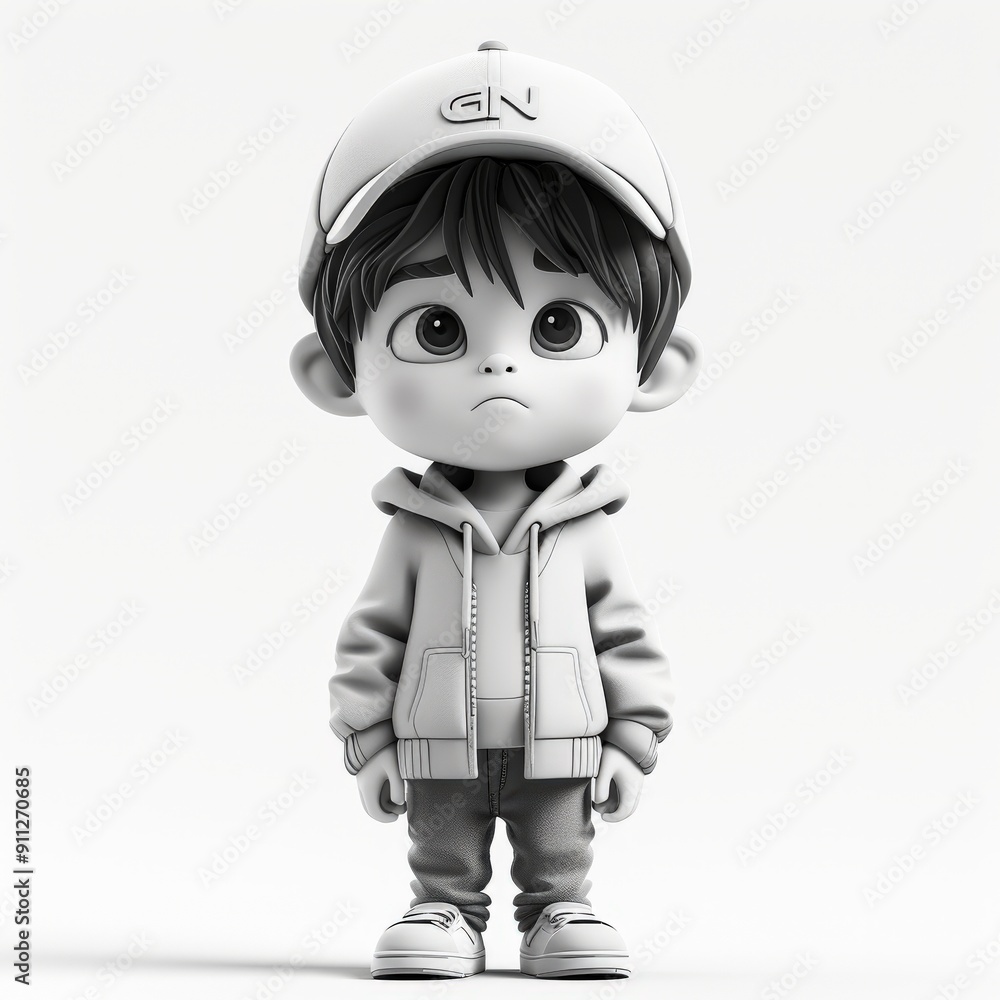 A Sad 3D Cartoon Boy in a White Hoodie and Cap A Sad 3D Cartoon Boy in a White Hoodie and Cap