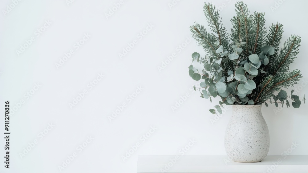 Fototapeta premium Minimalistic Home Decor with Eucalyptus and Pine Branches in Ceramic Vase