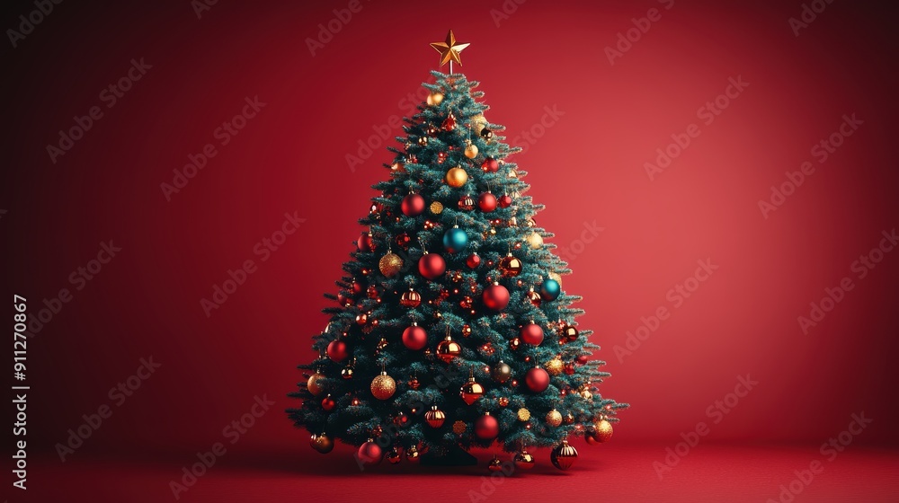 Beautifully Decorated Christmas Tree with Red and Gold Ornaments on a Red Background for Festive Holiday Celebrations Beautifully Decorated Christmas Tree with Red and Gold Ornaments on a Red Background for Festive Holiday Celebrations