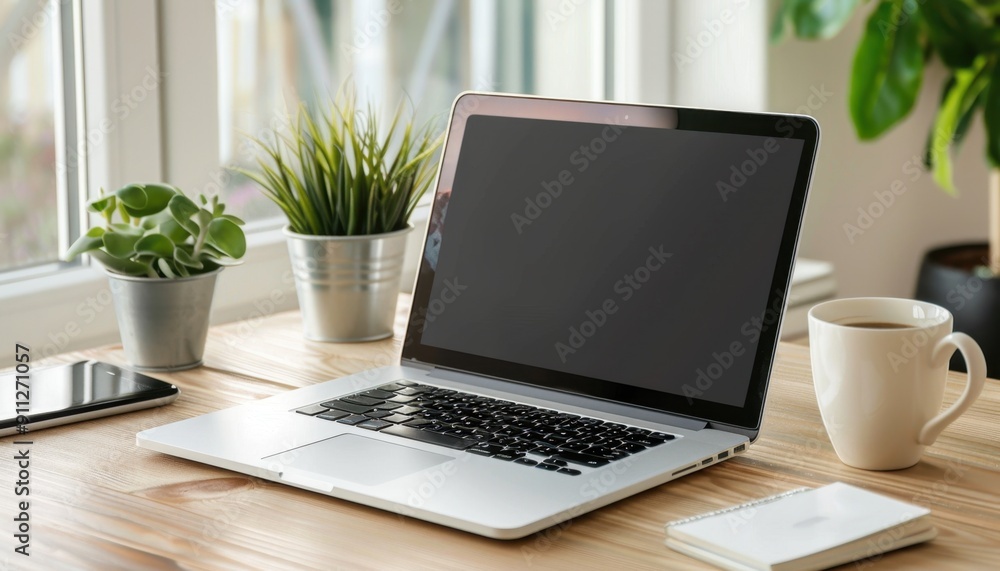 A Minimalist Workspace With Laptop, Coffee Mug, and Green Plants in Bright Natural Light A Minimalist Workspace With Laptop, Coffee Mug, and Green Plants in Bright Natural Light