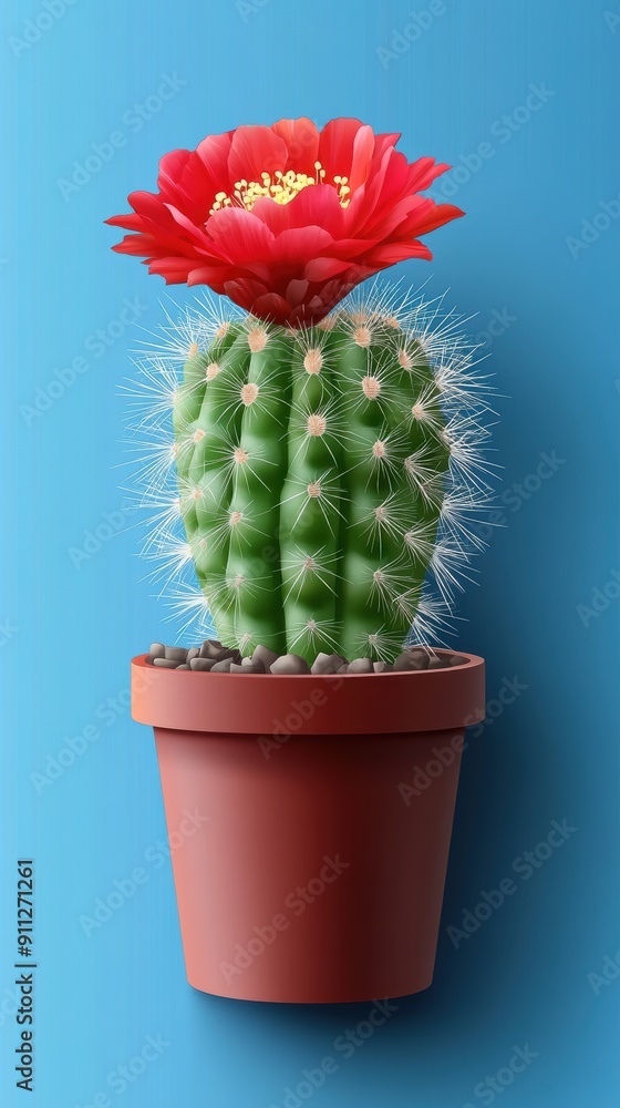 Vibrant Cactus Blooming Against Blue Background Vibrant Cactus Blooming Against Blue Background