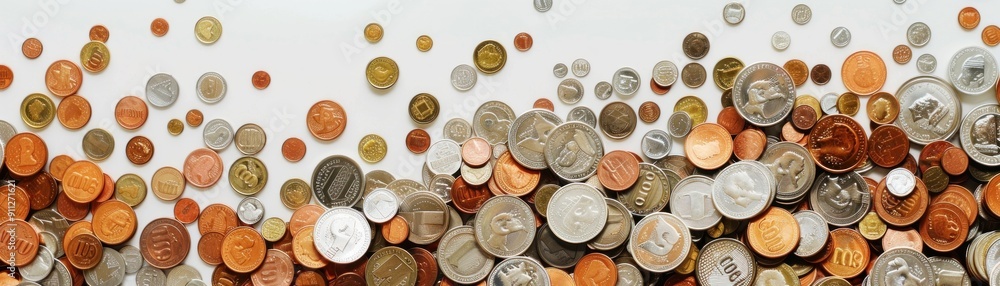A collection of various coins on a white background. A collection of various coins on a white background.