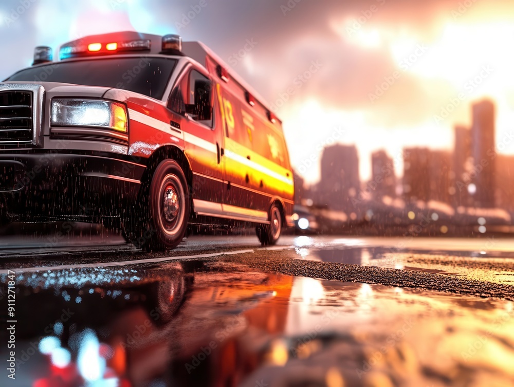 Emergency services, vibrant colors, dynamic scenes, professional setting, detailed