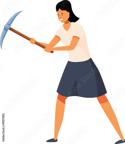 Young woman geologist is holding a pickaxe and working in a mine
