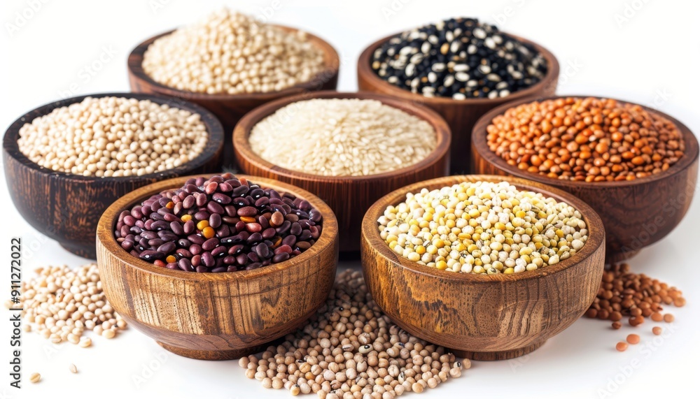 A Colorful Display of Various Grains and Pulses in Wooden Bowls on White Background A Colorful Display of Various Grains and Pulses in Wooden Bowls on White Background