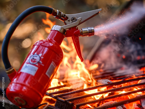 A fire extinguisher is being used to put out flames on a barbecue grill The red extinguisher is spraying a fine mist over the fire, which is burning on the grill grates photo