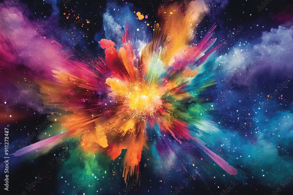 Fototapeta premium Vibrant Geometric Burst Featuring Colorful Abstract Energy Explosion in a Spectrum of Colors