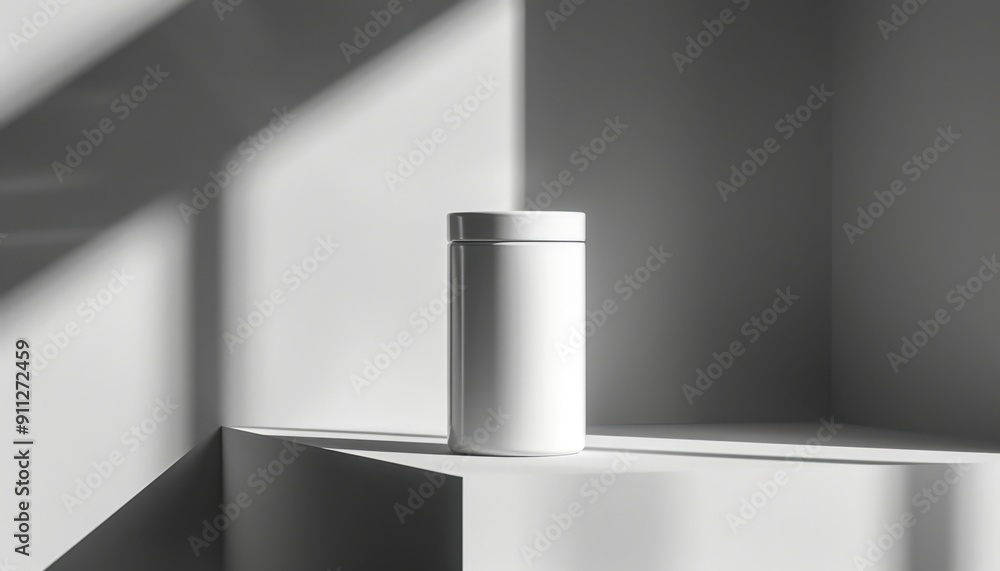 Minimalist White Container Displayed on Geometric Surface With Natural Light and Shadows Minimalist White Container Displayed on Geometric Surface With Natural Light and Shadows
