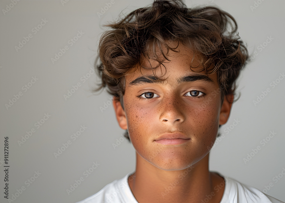 Close up face of a young man without emotions. Beautiful emotionless guy in a blue t-shirt looking to the camera, isolated over white background Close up face of a young man without emotions. Beautiful emotionless guy in a blue t-shirt looking to the camera, isolated over white background