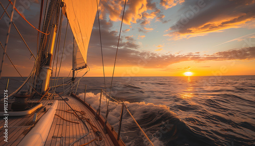 View from a sailboat on sunset background