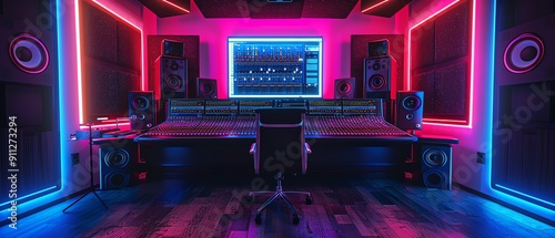 Hightech sound engineering studio with advanced equipment, modern mixing consoles, and dynamic LED lighting, ultrarealistic, 8K resolution