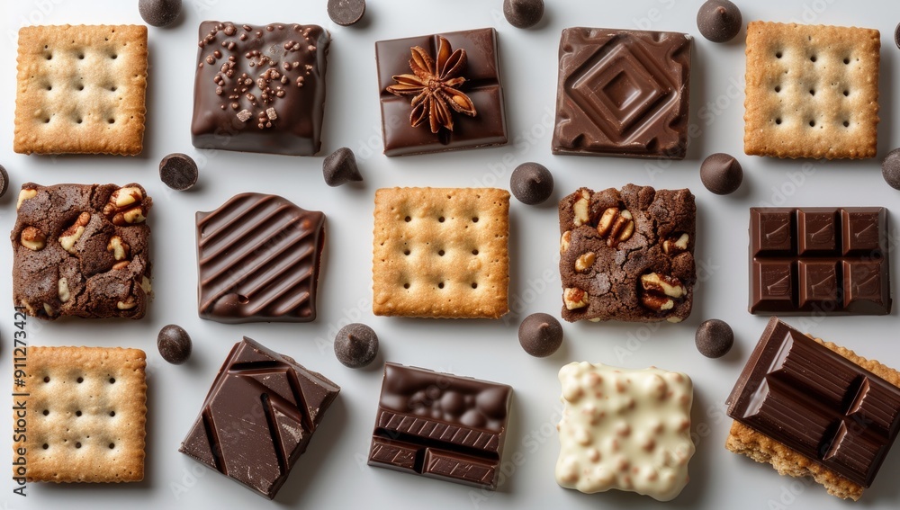 A top-down view of an arrangement of chocolate bars and crackers on a white marble surface