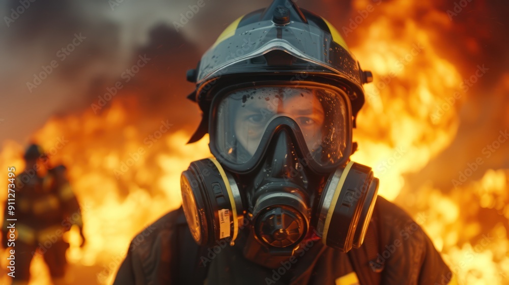 A team of firefighters, wearing breathing apparatus, entering a burning building