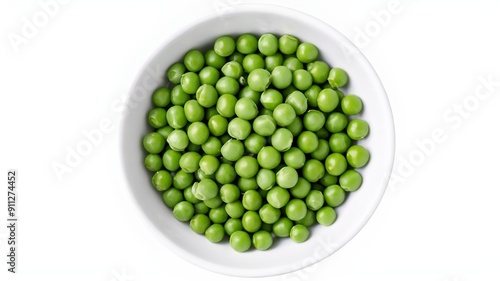 Fresh green garden peas in a white ceramic bowl isolated on white. Top view.