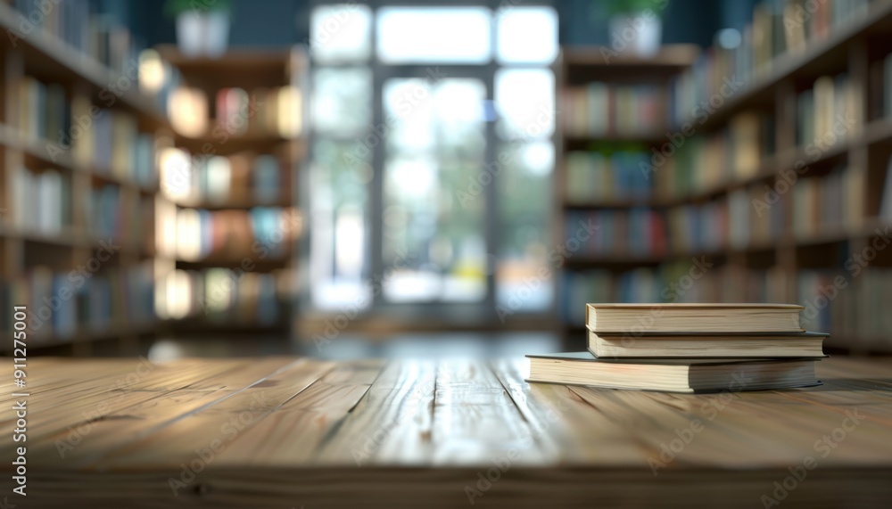 Stacked Books on a Wooden Table in a Modern Library Setting on a Bright Afternoon Stacked Books on a Wooden Table in a Modern Library Setting on a Bright Afternoon