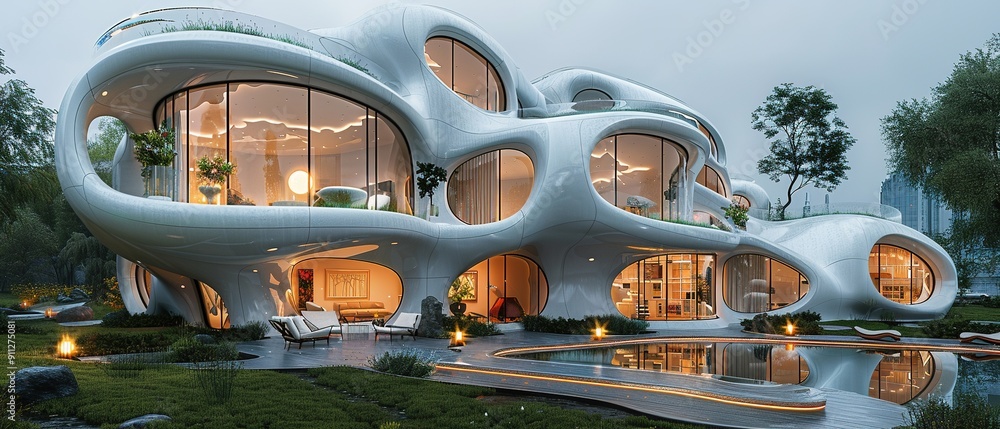 Fototapeta premium A large, modern house with a pool and a garden