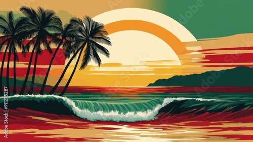 Tropical Sunset Beach with Palm Trees and Crashing Wave