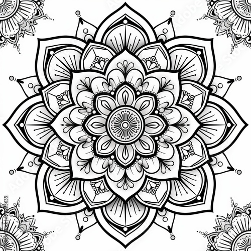 black line mandala , white background mandala , black line mandala with floral elements , detailed mandala on white background