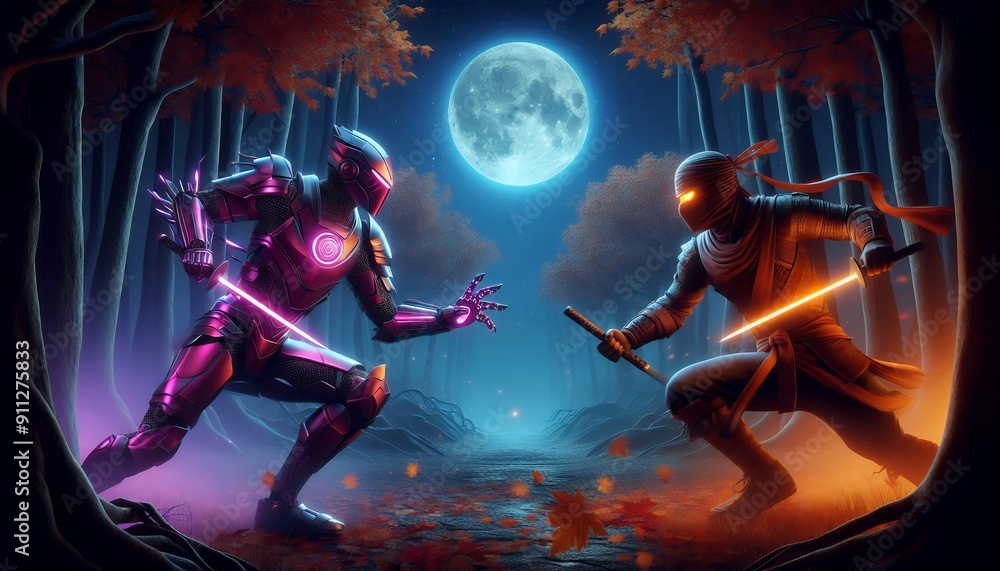 Knight and Ninja engage in fighting. Knight and Ninja engage in fighting.