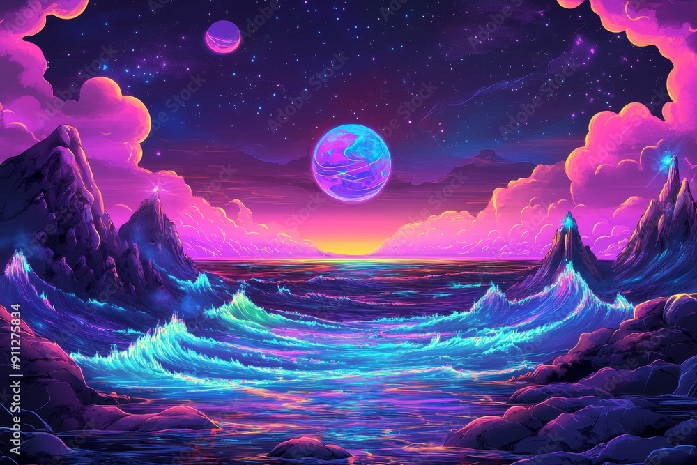 Neon Seascape: Psychedelic Retro-Futuristic Coastal Scene with Glowing Waves and Electric Skies Neon Seascape: Psychedelic Retro-Futuristic Coastal Scene with Glowing Waves and Electric Skies