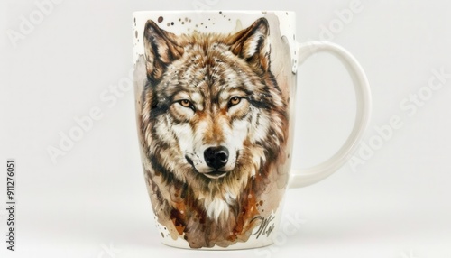 Artistic Ceramic Mug Featuring Detailed Wolf Illustration on a Neutral Background photo