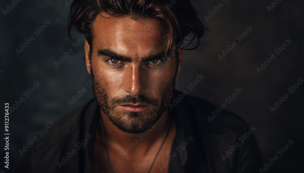 Intense Portrait of a Young Man With Dark Hair in Soft Lighting Intense Portrait of a Young Man With Dark Hair in Soft Lighting